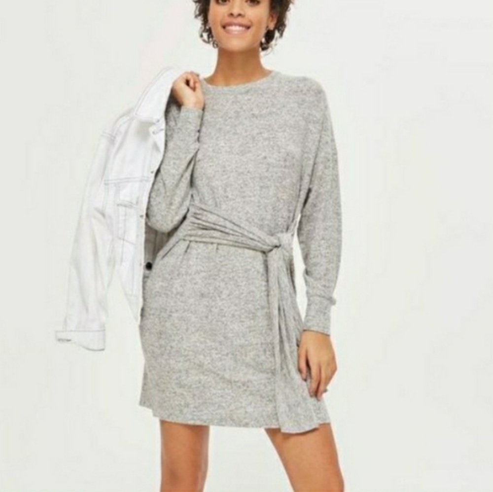 Topshop Tie Front Heather Gray Sweater Dress, Size 4